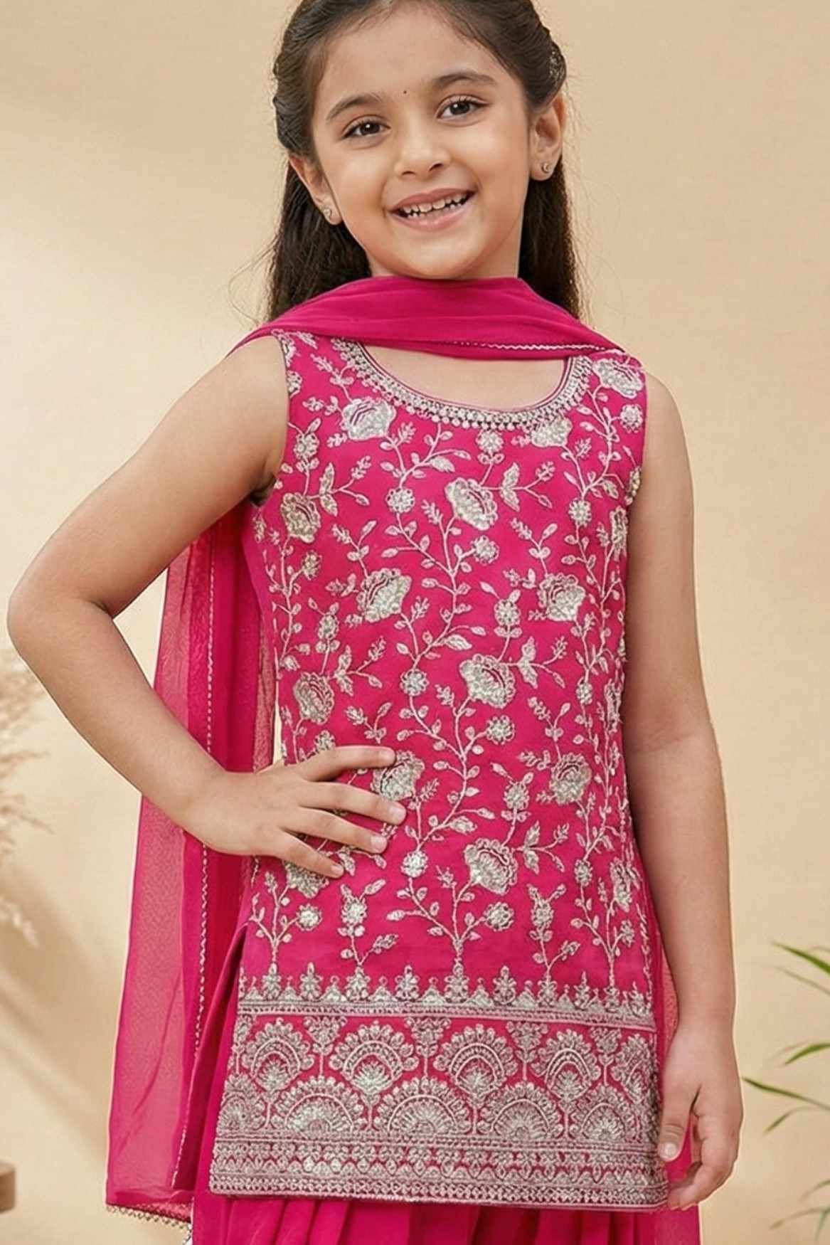 Rani Pink Embroidered Patiala Suit Set For Girls