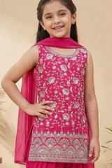 Rani Pink Embroidered Patiala Suit Set For Girls