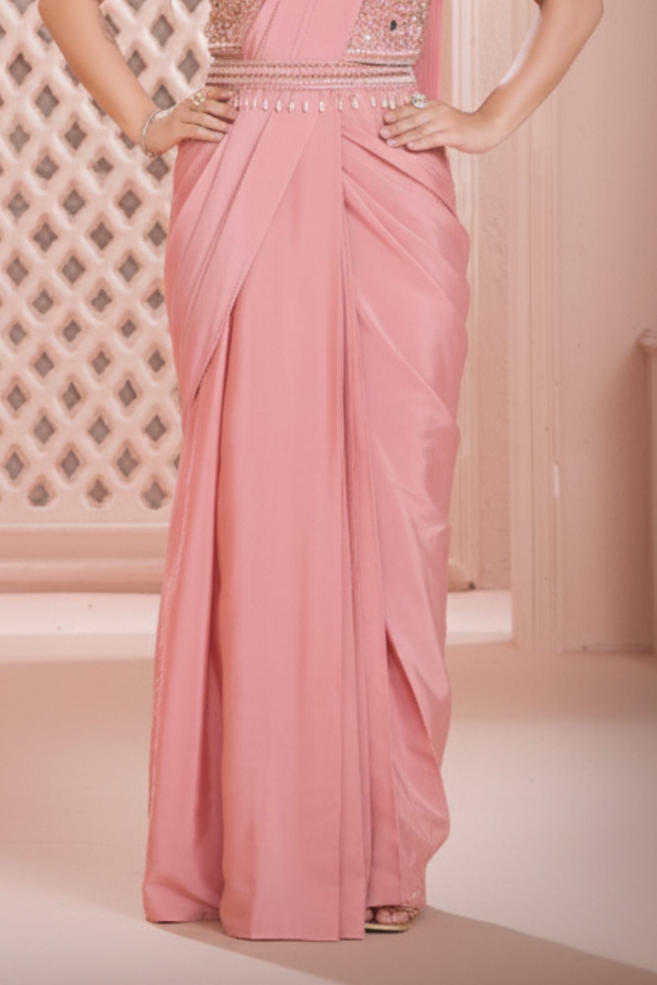 Designer Peach Pre Draped Saree with Embellished Blouse For Girls