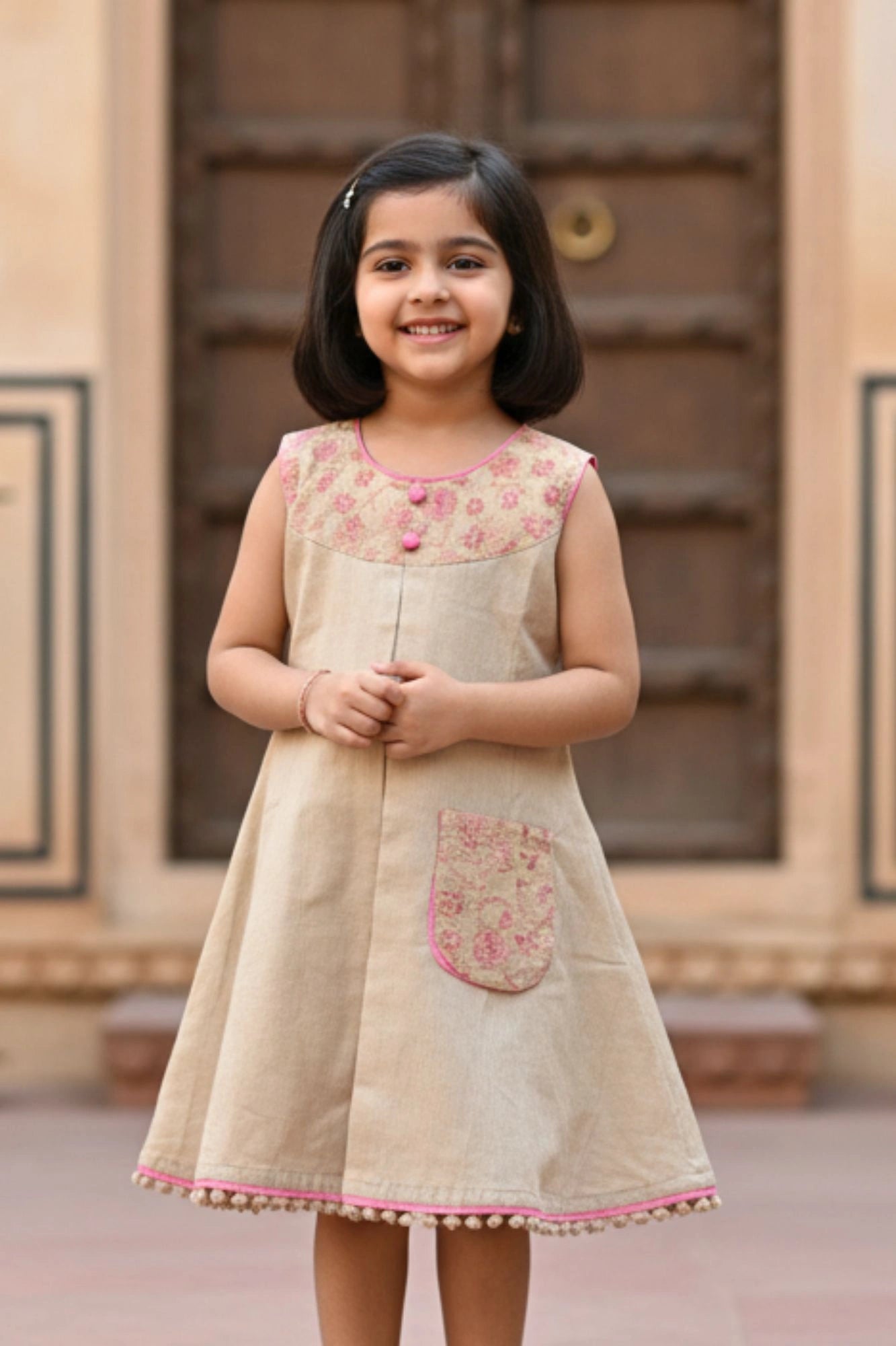 Beige Dress with Embroidered Yoke & Contrast Piping For Girls