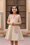 Beige Dress with Embroidered Yoke & Contrast Piping For Girls