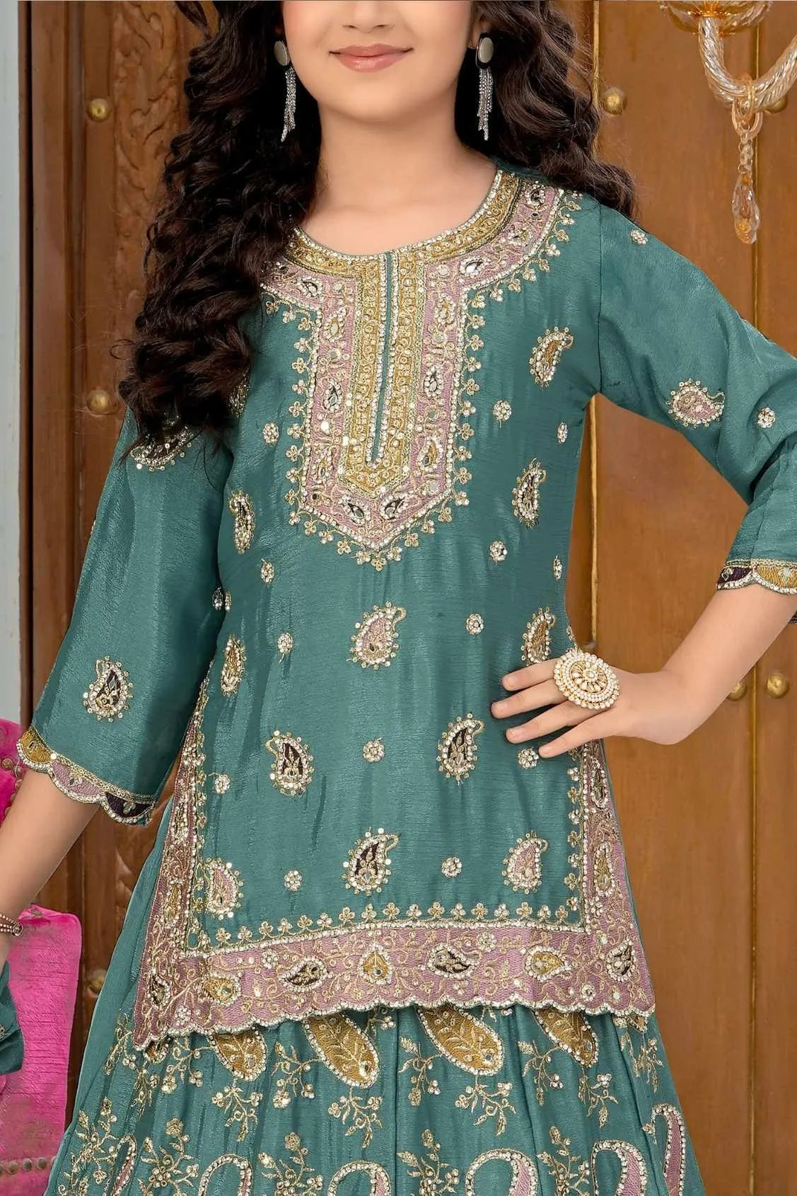 Rama Green Embroidered Lehenga Set for Girls