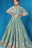 Girls Sage Green Floral Embroidered Cape Lehenga Choli