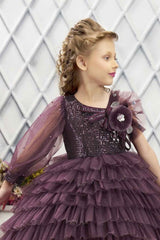 Wine Sequins And Pearl Work With Floral Embellished Frock For Girls