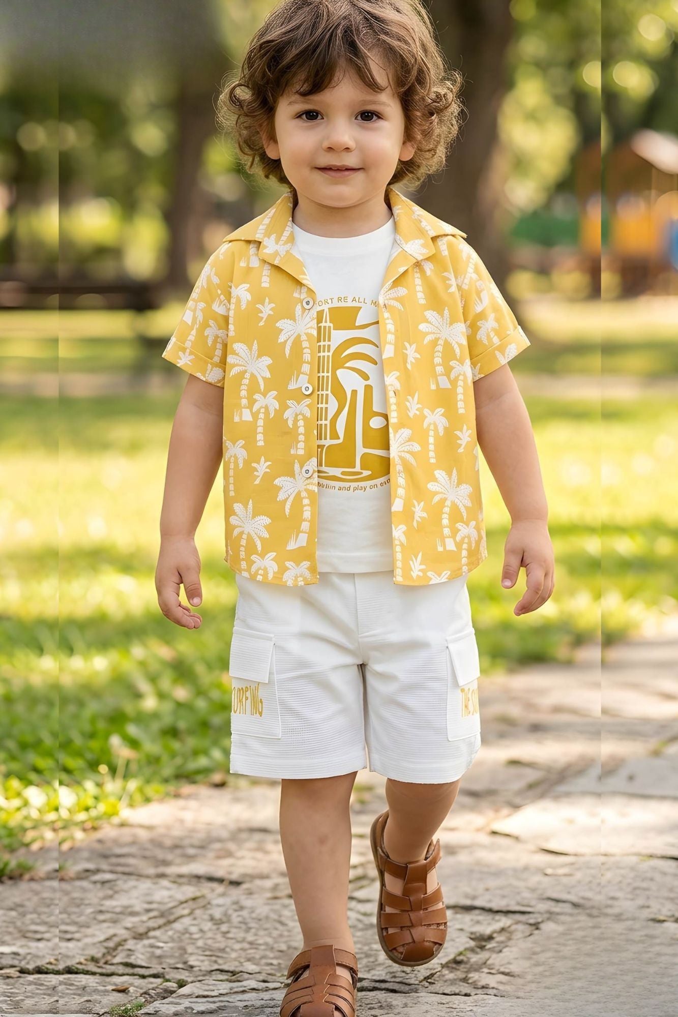 Boys Yellow Tropical Printed Shirt with T-Shirt & White Shorts Co-Ord Set