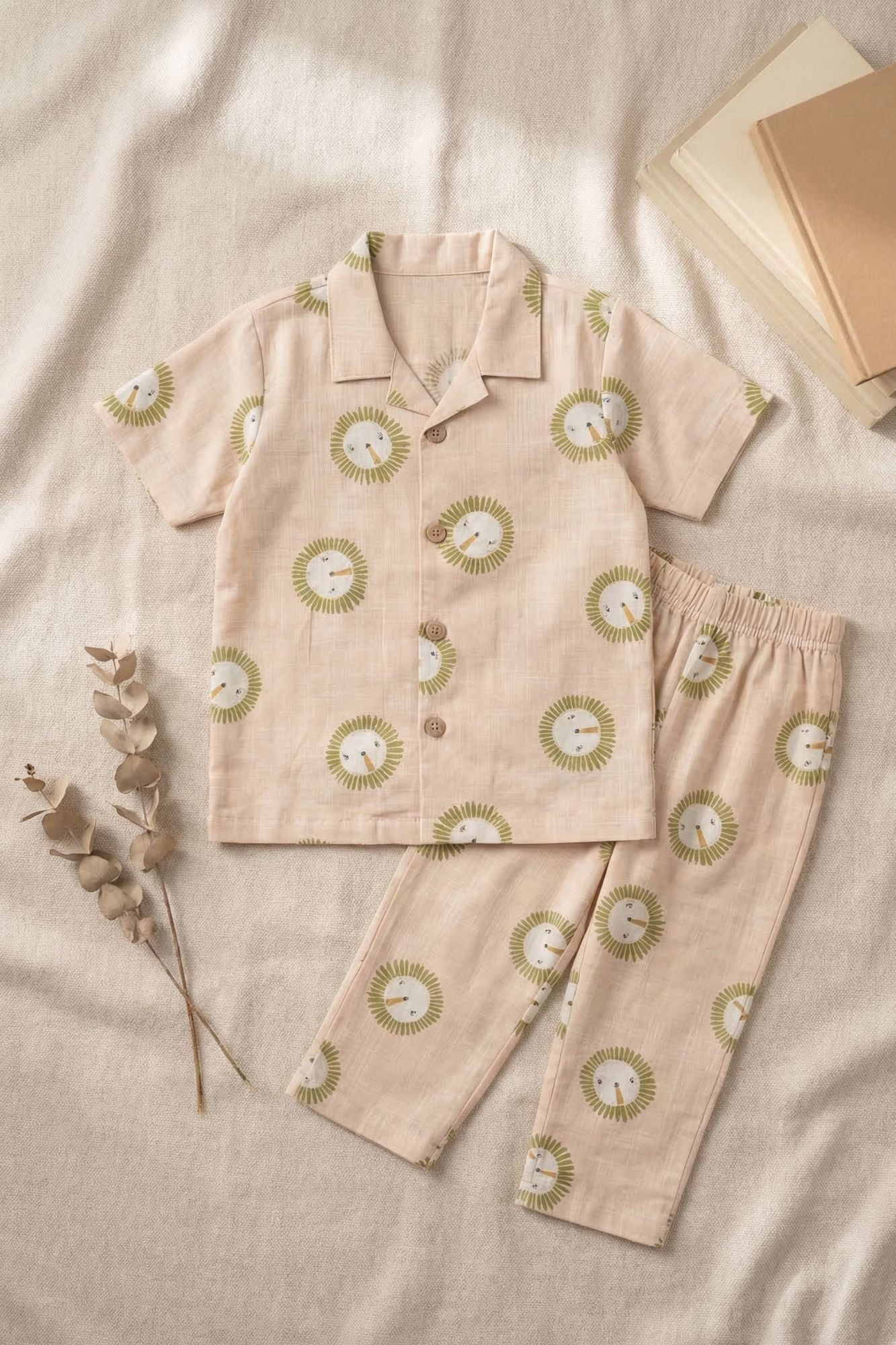 Cream Lion Print Cotton Night Suit Set For Boys