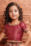 Wine Brocade Pattu Pavadai With Mirror Work And Thread Work For Girls