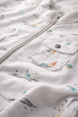 White Printed Full-Sleeve Jacket with Front Zip For Boys