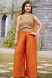 Girls Orange Embroidered Crop Top with Palazzo And Dupatta Set
