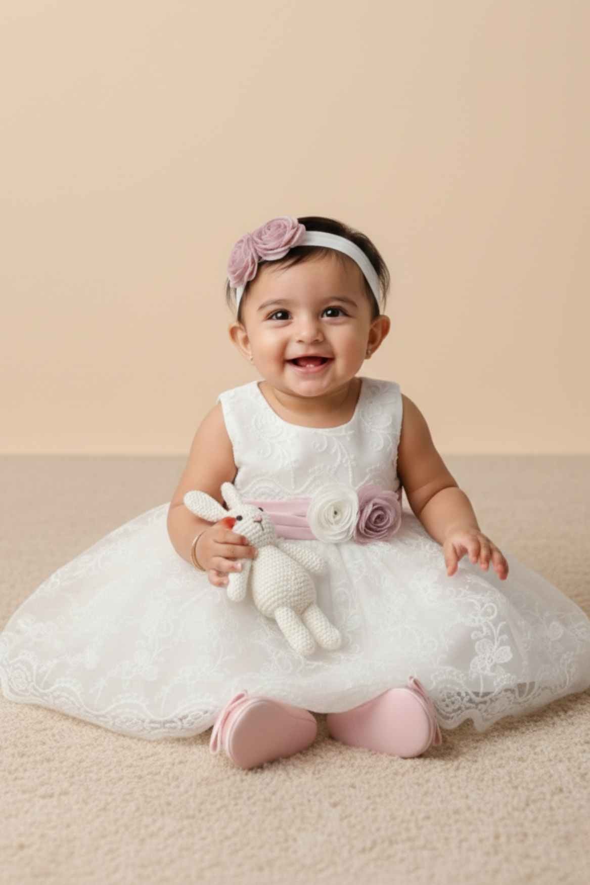 Ivory Party Dress With Floral Appliqué For Girls