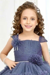 Dark Grey Pearl And Stone Work With Floral Embellished Tail Back Frock For Girls