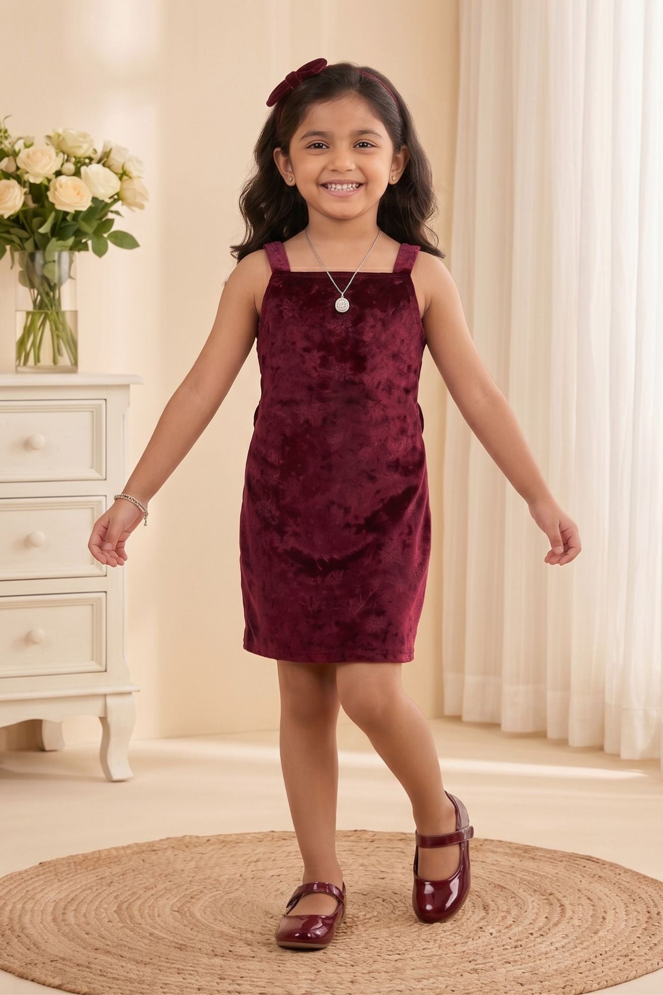 Wine Velvet Dress Set with Printed Shrug
