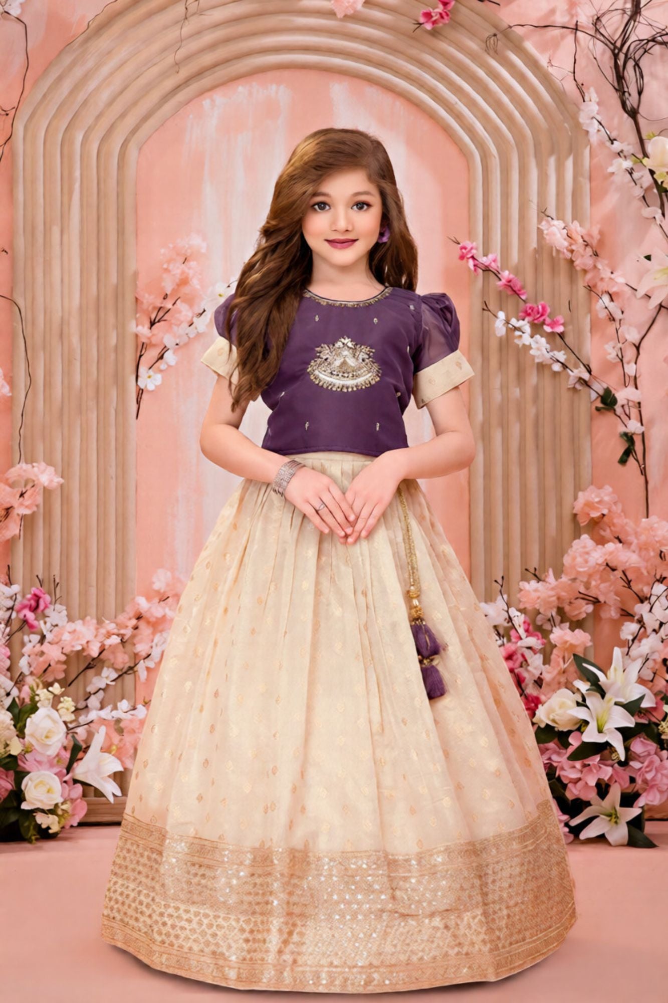 Purple & Cream Zari and Stone Embroidery Pattu Pavadai Set