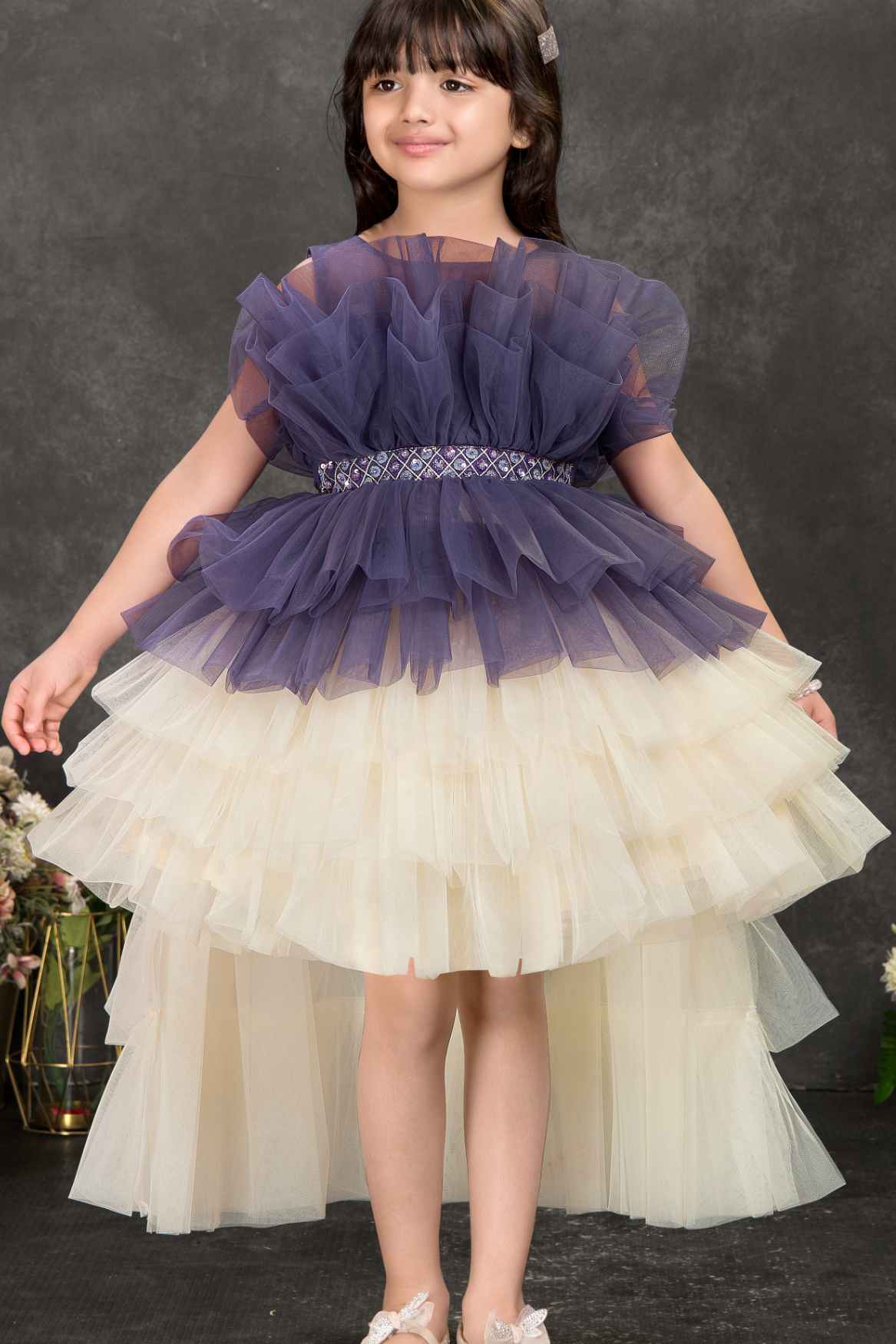 Navy Blue and Ivory Layered Tailback Party Dress For Girls