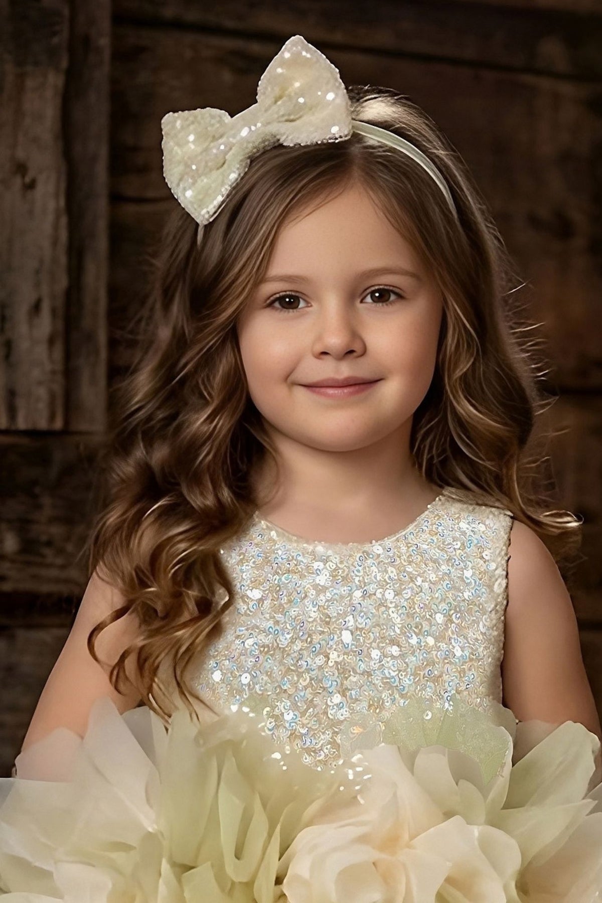 Girls Light Olive Green Party Wear Frock With Sequin Bodice And 3D Organza Petal Detailing