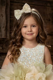 Girls Light Olive Green Party Wear Frock With Sequin Bodice And 3D Organza Petal Detailing