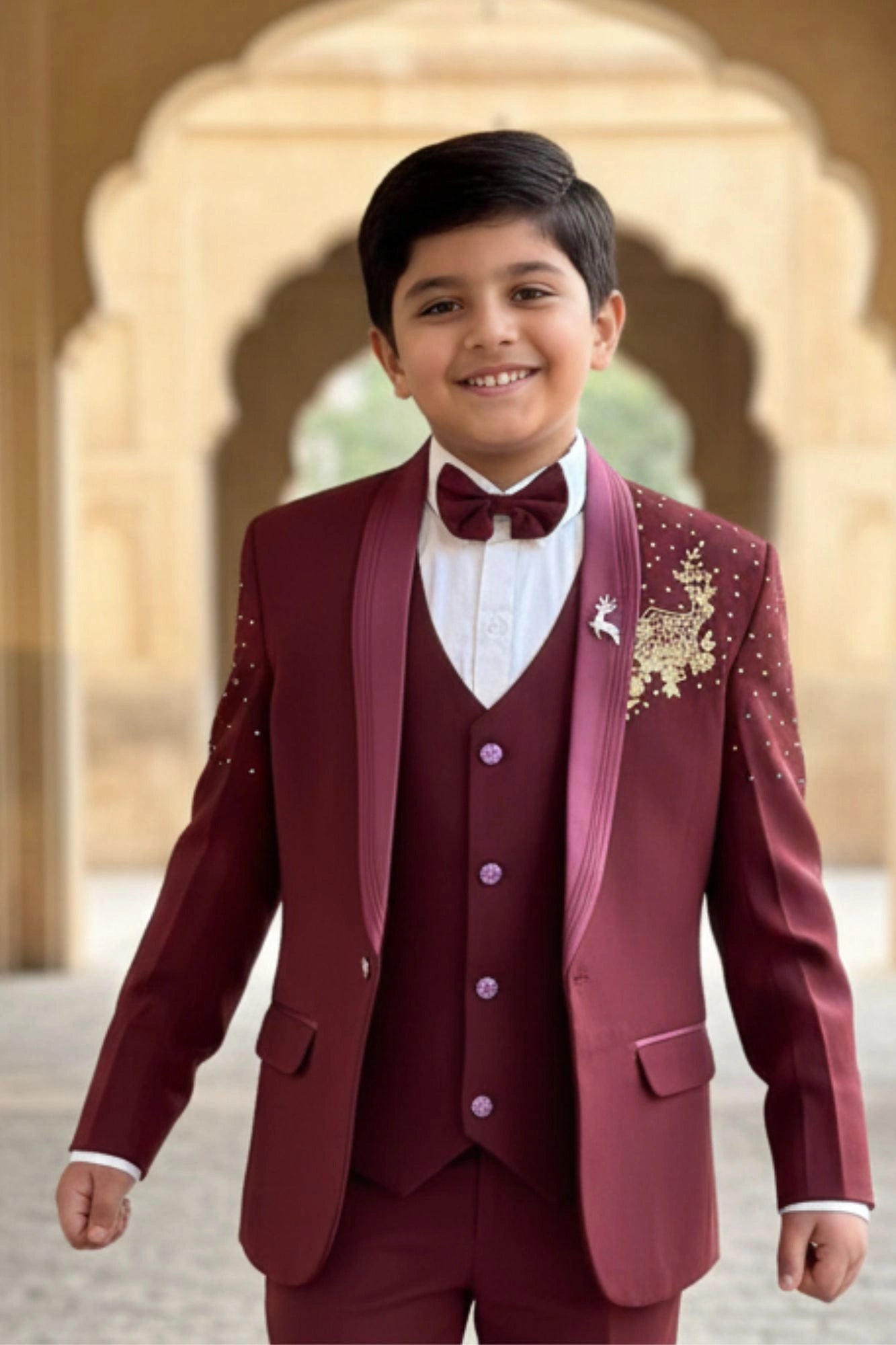 Maroon Premium Embroidered 5-Piece Suit Set For Boys