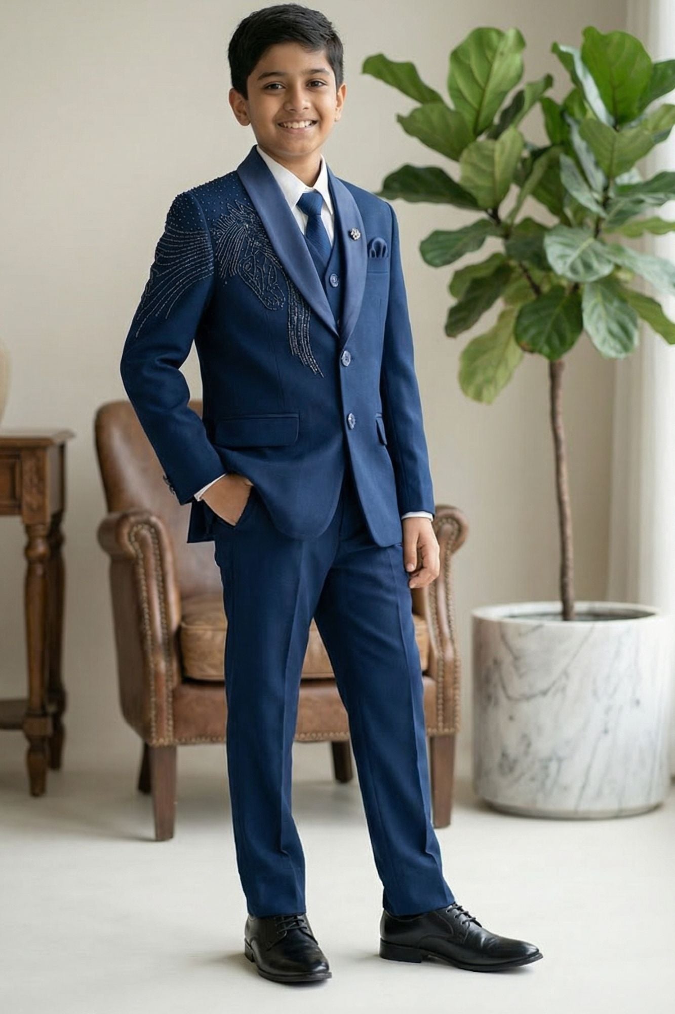 Blue Embroidered 5-Piece Suit Set For Boys