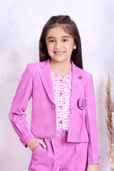 Trendy Lavender Co Ord set With Floral Embellished Overcoat For Girls