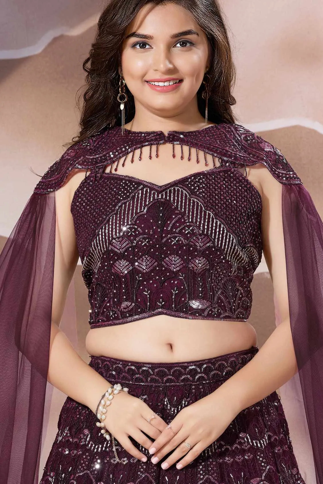 Maroon Embroidered Lehenga Choli Set With Cape Dupatta for Girls