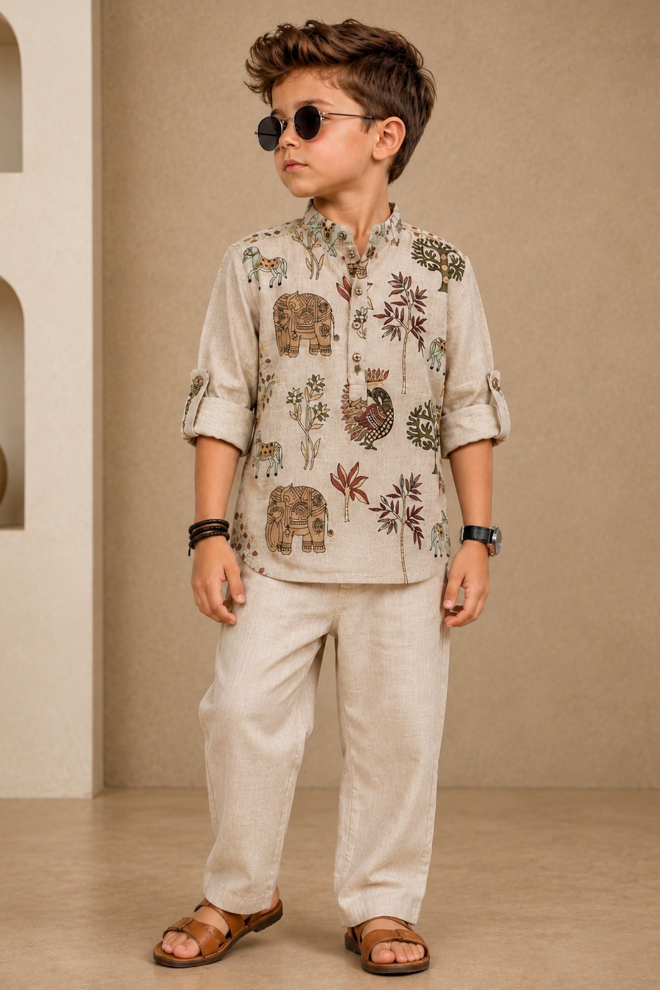 Beige Animal & Nature Embroidered Pure Linen Kurta
