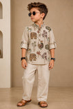 Beige Animal & Nature Embroidered Pure Linen Kurta