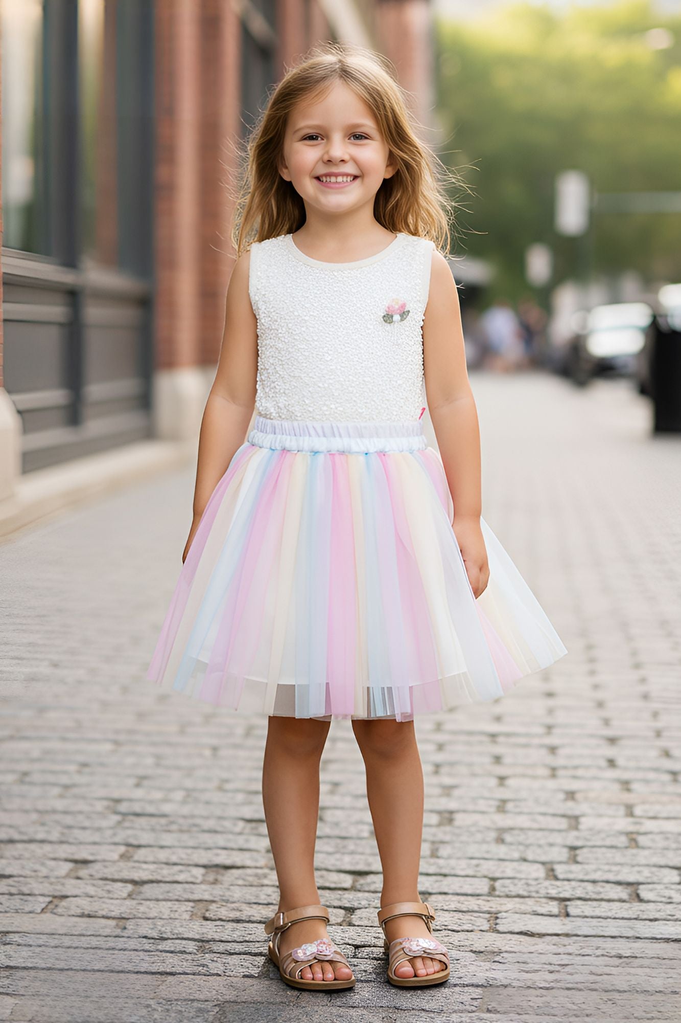White And Pastel Rainbow Skirt Set for Girls