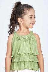 Green Floral Print Skirt Set with Tiered Green Top Set For Girls