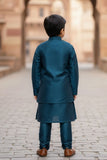 Teal Blue Thread And Sequins Embroidered Sherwani Set For Boys
