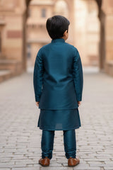 Teal Blue Thread And Sequins Embroidered Sherwani Set For Boys