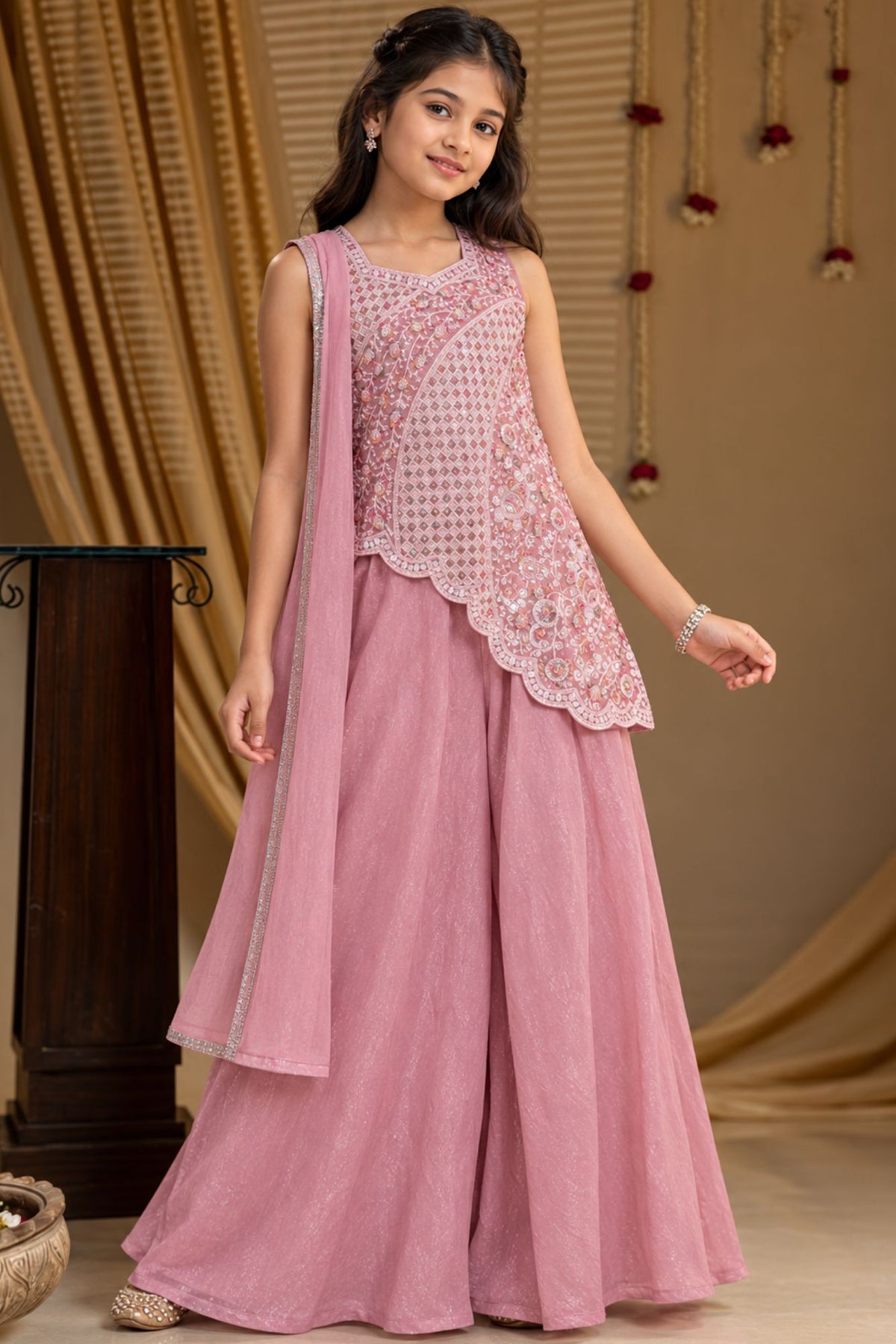 Girls Pink Sequin Embroidered Asymmetric Palazzo Set With Dupatta