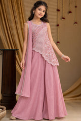 Girls Pink Sequin Embroidered Asymmetric Palazzo Set With Dupatta