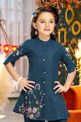 Stylish Blue Embroidered Co Ord Set For Girls