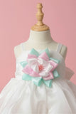 White Party Frock with Pastel 3D Lotus Flower Appliqué For Girls
