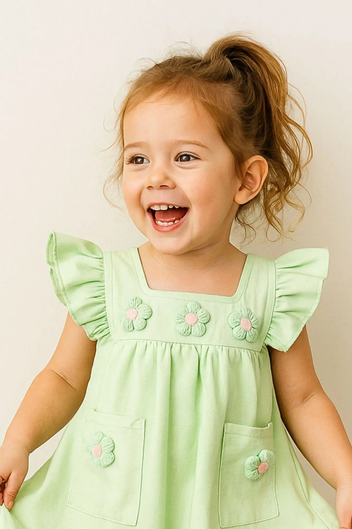 Casual Pastel Green Cotton Dress with 3D Flower Appliqué For Girls