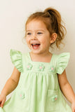 Casual Pastel Green Cotton Dress with 3D Flower Appliqué For Girls
