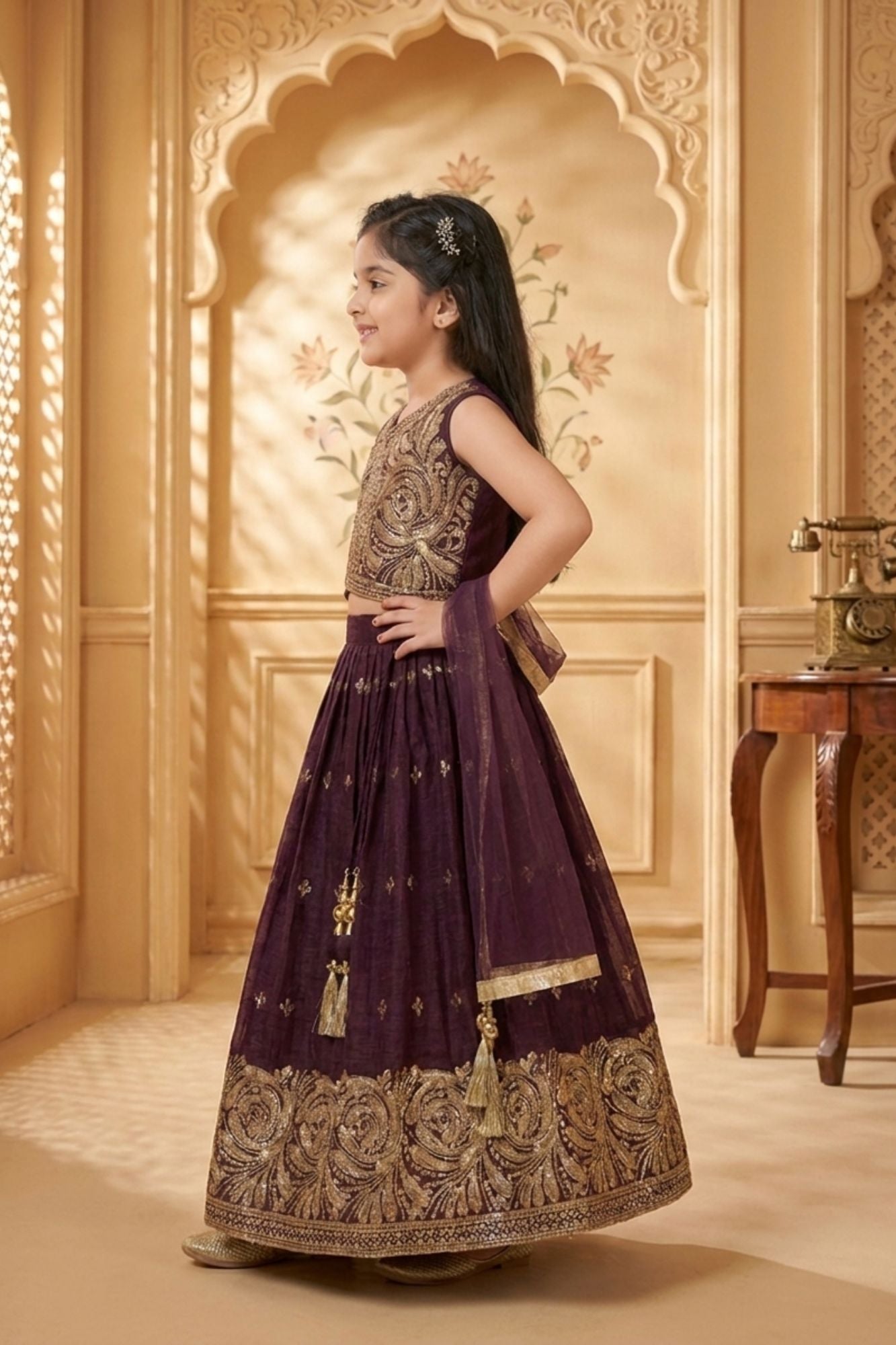 Girls Wine Embroidered Lehenga Choli with Dupatta