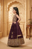 Girls Wine Embroidered Lehenga Choli with Dupatta