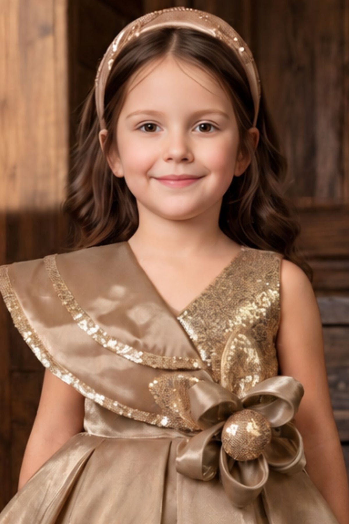 Girls Champagne Gold Sequin Floral Applique Party Wear Frock