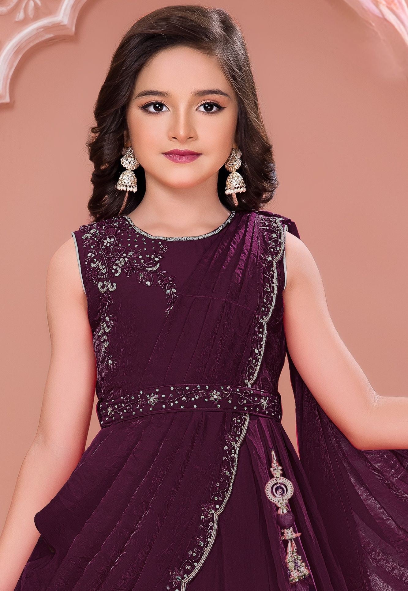 Girls Wine Embroidered Lehenga Choli with Draped Dupatta And Tassel Detailing