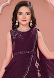 Girls Wine Embroidered Lehenga Choli with Draped Dupatta And Tassel Detailing
