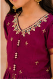 Wine Embroidered Pattu Pavadai Set with Zari Work For Girls