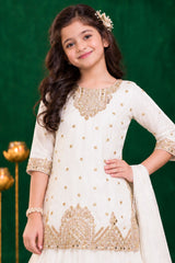 Girls Ivory Gold Embellished Lehenga Choli Set With Dupatta