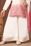 Ivory And Pink Ombre Embroidered Kurti Palazzo Set with Dupatta for Girls