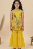 Mustard Yellow Peacock Embroidered Sharara Set with Dupatta For Girls