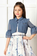 Blue Floral Printed Frock With Overcoat For Girls