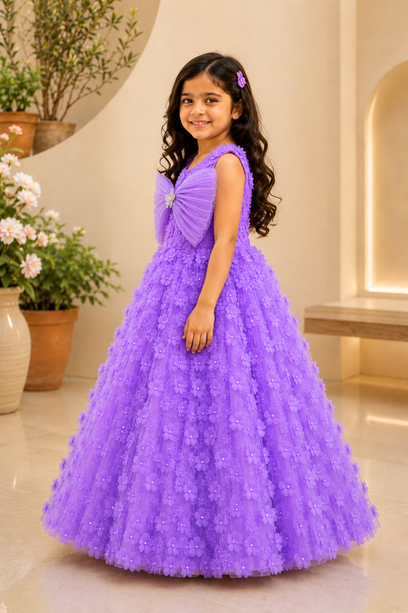 Lavender 3D Floral Appliqué Party Gown With Pleated Bow And Butterfly Brooch For Girls