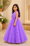 Lavender 3D Floral Appliqué Party Gown With Pleated Bow And Butterfly Brooch For Girls