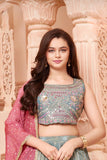 Sea Green Lehenga Choli Set with Mirror And Floral Embroidery For Girls