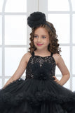 Black Sequin High-Low Layered Party Frock with Bow For Girls